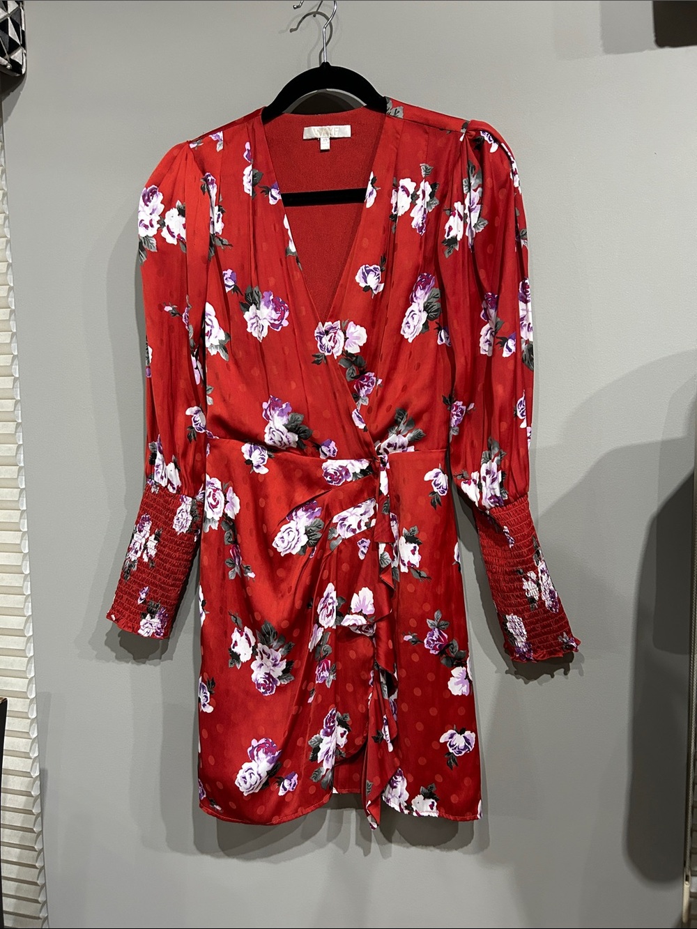 Wayf Red Floral Wrap Mini Dress with Smocked Cuffs